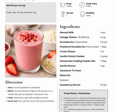Recipe for a Cheesecake Velvet Shake Smoothie featuring a pink strawberry beverage with cottage cheese and protein powder.