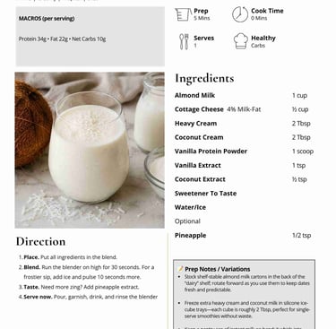 Coconut Silk Dream Smoothie recipe with macros, ingredients list, and blending directions.