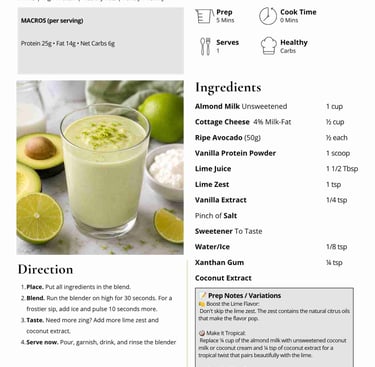 Recipe card for a healthy high protein key lime pie smoothie featuring ingredients, macros, and prep instructions.