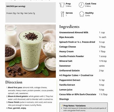 Mint chip mousse THM S smoothie recipe card with high protein ingredients and prep directions.