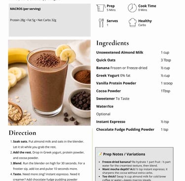 Monkey Fuel Mocha Smoothie recipe card featuring chocolate banana ingredients and healthy protein macros.