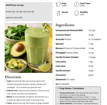 Healthy green avocado spinach smoothie recipe with nutritional macros and ingredient list.