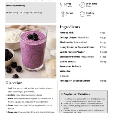 Blackberry cream smoothie recipe card with fresh berries, ingredients list, and preparation instructions.