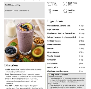 Healthy blueberry avocado walnut smoothie recipe with high protein ingredients and step-by-step directions.
