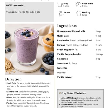Recipe card for a high-protein blueberry muffin smoothie featuring fresh berries and healthy ingredients.