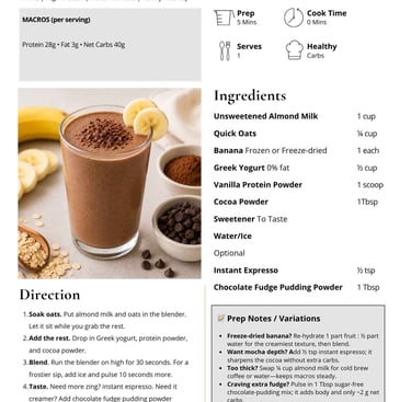 Healthy high protein chocolate banana smoothie recipe card with ingredients list and preparation steps.
