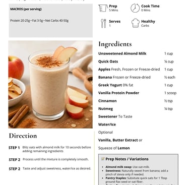 Recipe card for a high protein cinnamon apple pie smoothie with almond milk, oats, and Greek yogurt.