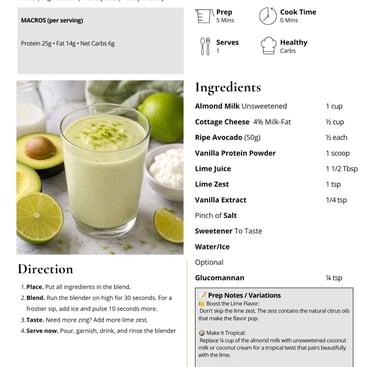 A high-protein key lime pie smoothie recipe card featuring ingredients like avocado, lime, and cottage cheese.
