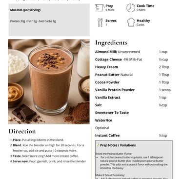 Recipe card for a PB Dream Cup high protein smoothie with peanut butter, cocoa powder, and cottage cheese.