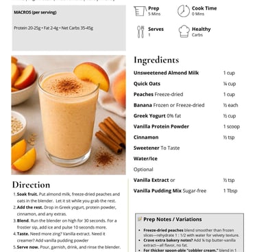 A high protein peach cobbler smoothie recipe card featuring a glass of blended fruit smoothie garnished with fresh peach