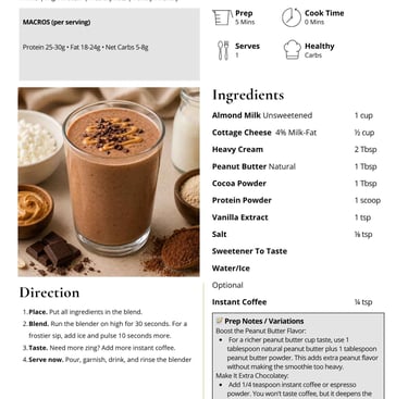 Healthy peanut butter chocolate smoothie recipe with high protein ingredients and cottage cheese.