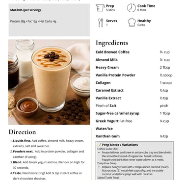 Healthy salted caramel latte smoothie recipe with high protein ingredients and coffee beans.