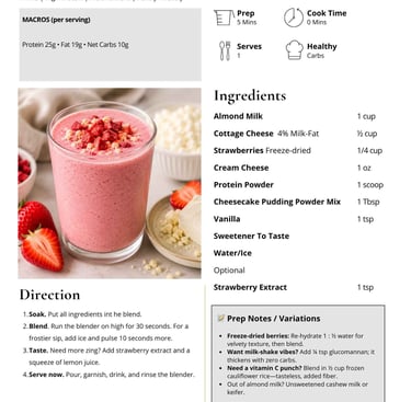 Strawberry cheesecake smoothie recipe card with ingredients, macros, and pink protein shake image.