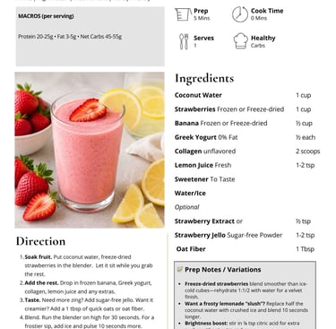 Strawberry lemonade smoothie recipe card featuring fresh strawberries, lemon slices, and a list of healthy ingredients.