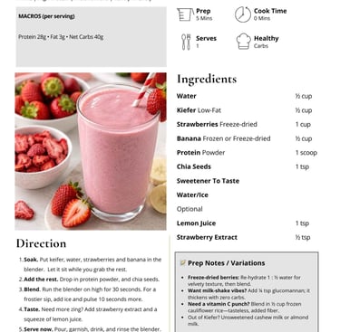 Recipe card for a high protein strawberry smoothie with fresh fruit, protein powder, and chia seeds.