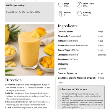 Recipe card for a Tropical Sunrise Smoothie featuring coconut water, mango, and pineapple ingredients.