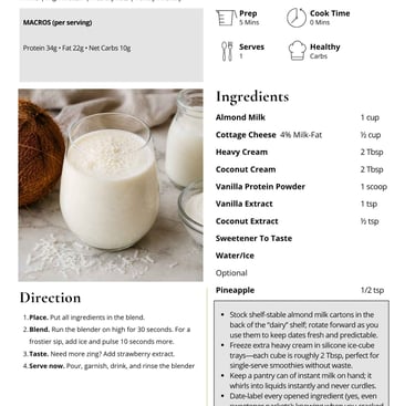 Vanilla coconut cream smoothie recipe with high protein ingredients and instructions for a healthy drink.