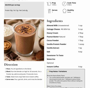PB Dream Cup Smoothie recipe card featuring a creamy chocolate peanut butter protein shake with cottage cheese.