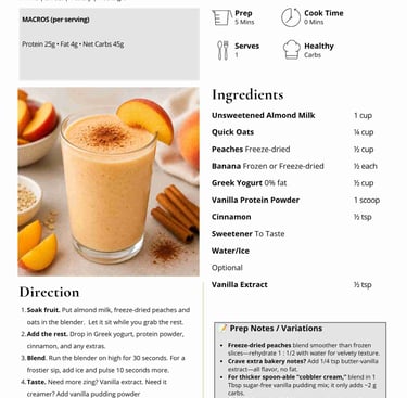 Recipe card for a Peach Cobbler Comfort Smoothie with fresh peach slices and cinnamon.