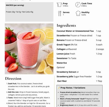 Strawberry lemon lift smoothie recipe with ingredients list, directions, and nutritional macros.