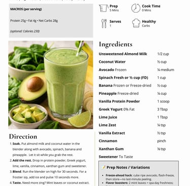 Tropical Lime Oasis Smoothie recipe card featuring a green smoothie in a glass with a straw and lime garnish.
