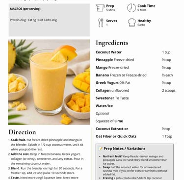 Tropical sunrise smoothie recipe card with ingredients like coconut water, mango, and pineapple.
