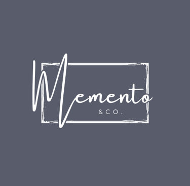 modern, grey and white rectangular logo of Memento & Co. written in script
