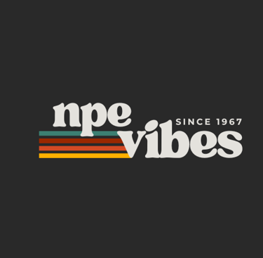 70's retro logo and font for NPE Vibes, with striped colors and white letters