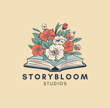 creative flowery logo of flowers growing from a book for storybloom studios