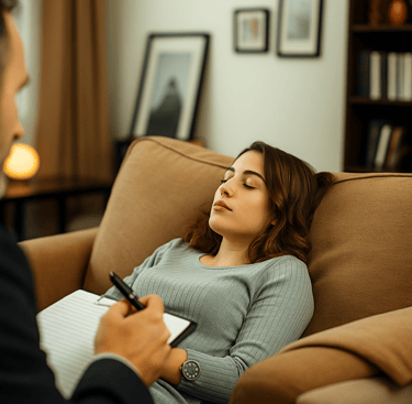 Mujer joven en sesión de Terapia de Vidas Pasadas.