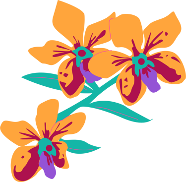 graphic illustration of 3 orange and red flowers on a green stem