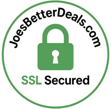 Circular badge displaying “JoesBetterDeals.com SSL Secured” with a green padlock icon,