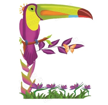 The letter E in tropical exotic wordart including a toucan, butterfly and bird of paradise flowers