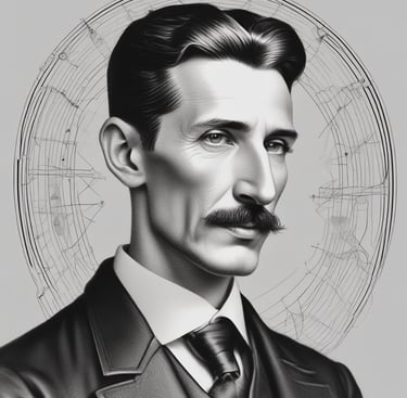 A black and white sketch portrait of inventor Nikola Tesla featuring a detailed geometric halo.