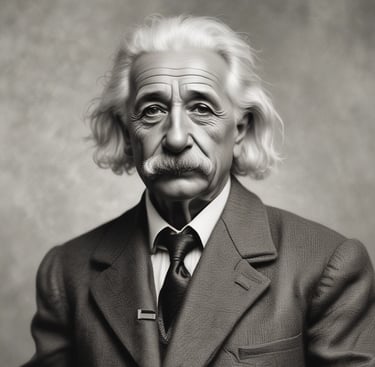 Black and white portrait of Albert Einstein with wild white hair, mustache, and formal suit jacket.