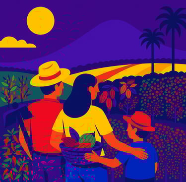  familia de agricultores colombianos observando su cosecha de café y cacao