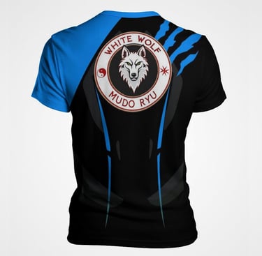 a black and blue shirt with a wolf logo on it