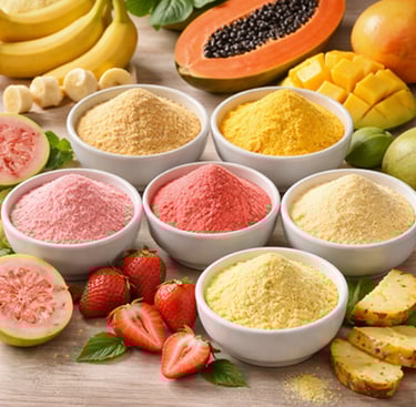 Dehydrated, spray dried fruit powder for smoothies and fresh beverages, juices