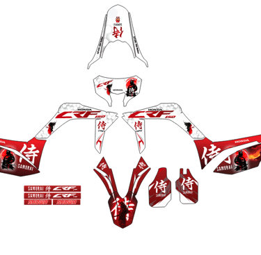 Custom Honda CRF 150 graphics kit featuring a red and white samurai warrior theme with Japanese kanji.