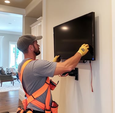 a tv installer positioning a screen on a wall