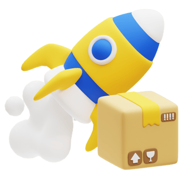 Illustration of a yellow rocket with blue accents taking off next to a sealed box. Express Delivery
