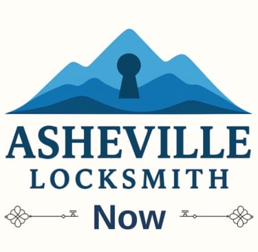 Blue Ridge Mountains logo with key integrated into the mountain design, ' Asheville Locksmith Now' text below, between keys