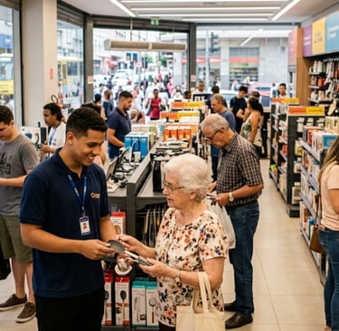 Loja de varejo brasileira movimentada em um centro comercial, com clientes de diferentes idades obse