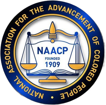 Official NAACP logo featuring a balanced scale of justice above an open book, encircled by the words