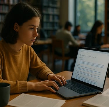 Student in a library researching on a laptop using Perplexity AI for academic citations