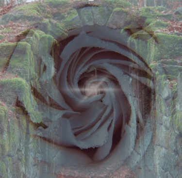 Rose spiral within mossy stone walls, symbolizing descent into mystery and the sacred writing space