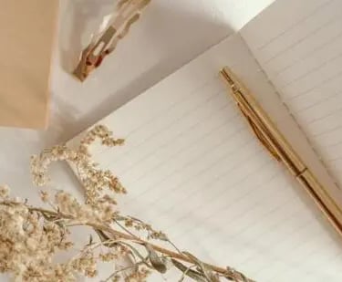 Carnet et stylo doré sur une table avec fleurs séchées, symbole d’écriture et de partage de témoignage en sophrologie
