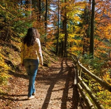 femme marchant seule sur un chemin forestier, symbole d’un accompagnement pas à pas