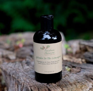 lotion in a black bottle on a tree stump