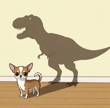 chihuahua casting the shadow of a ferocious dinosaur